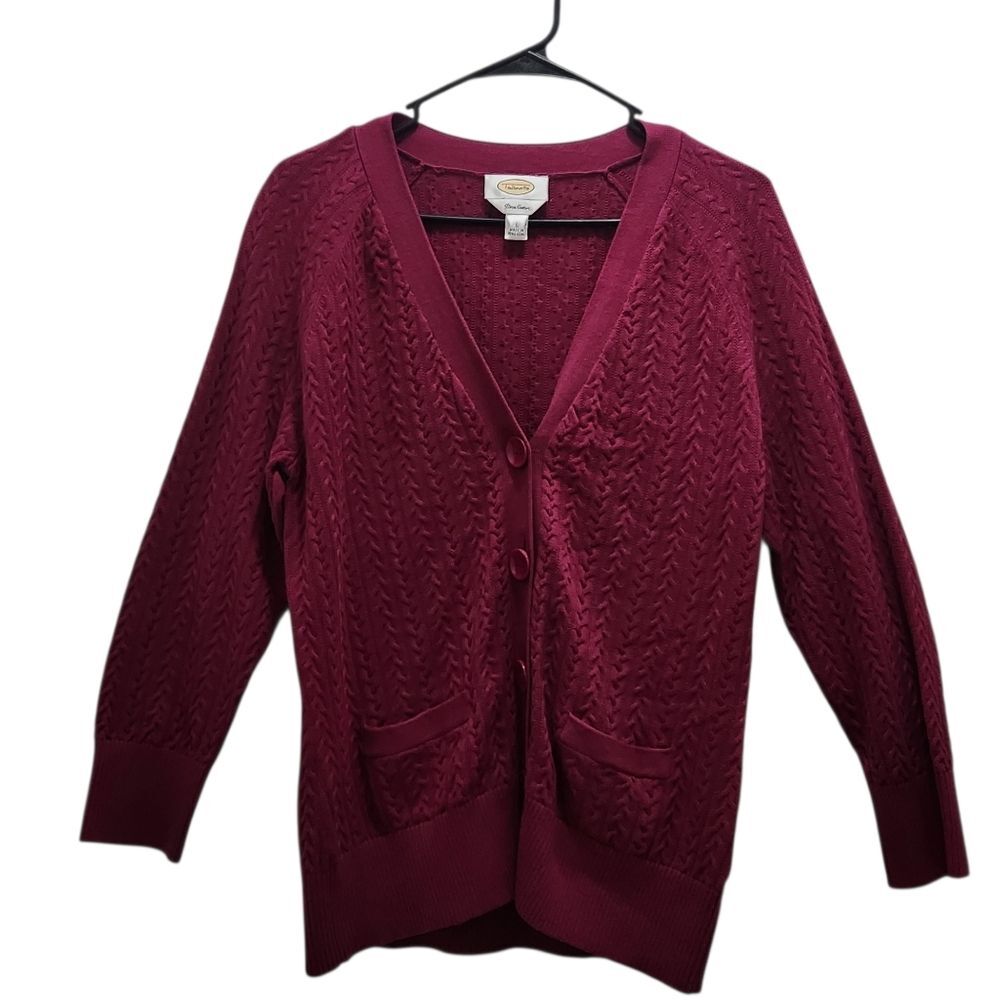 TALBOTS Pima Cotton Wine Red Cable Knit 3/4 Sleeve Women's Size L  Cardigan